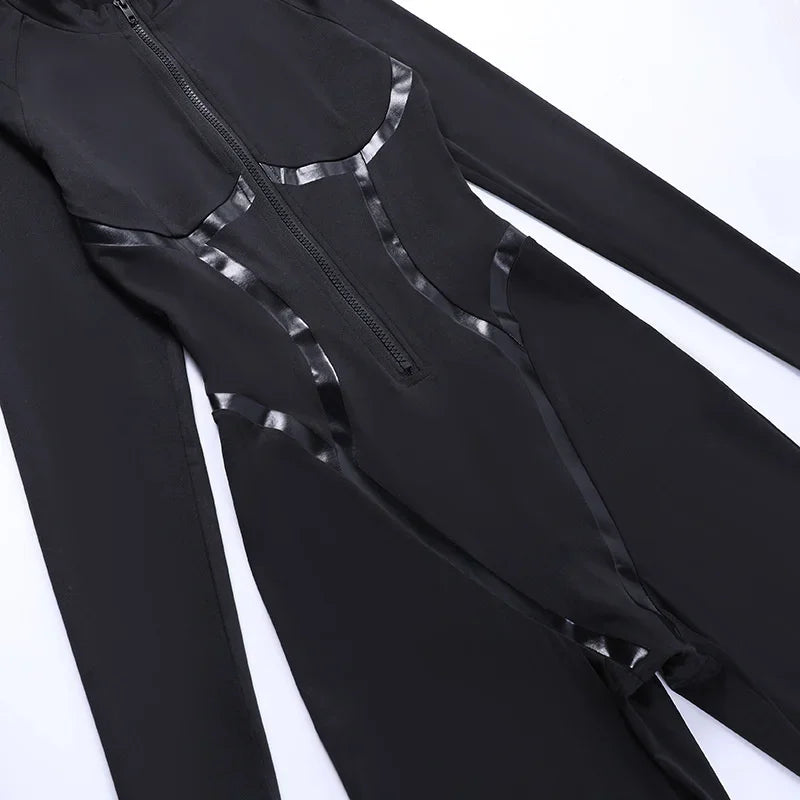 Black Sexy Skinny Jumpsuit Women Overalls O Neck Full Sleeve Zipper Sporty