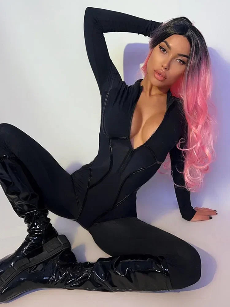 Black Sexy Skinny Jumpsuit Women Overalls O Neck Full Sleeve Zipper Sporty