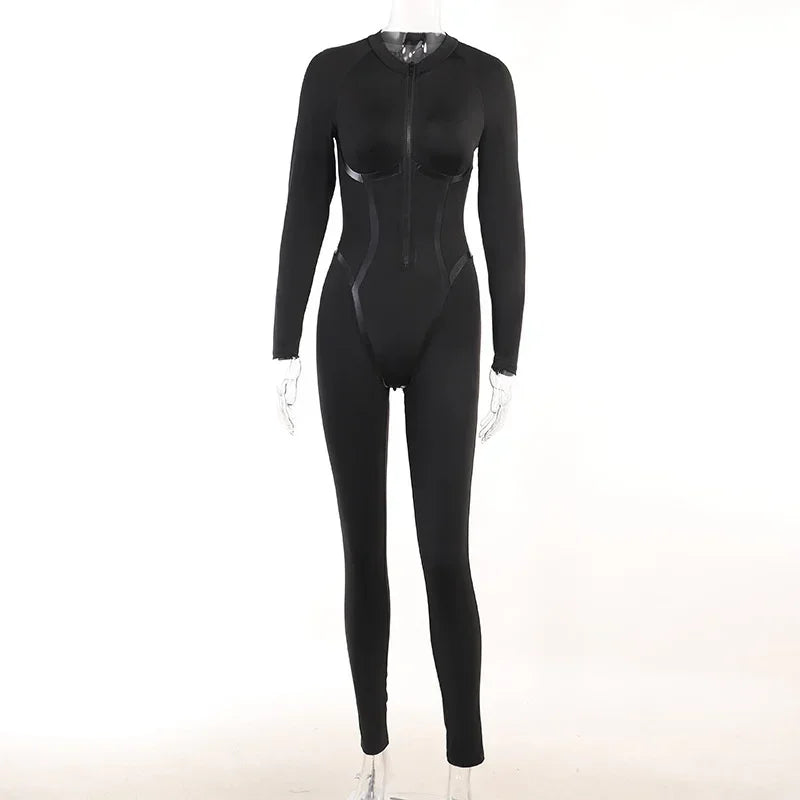 Black Sexy Skinny Jumpsuit Women Overalls O Neck Full Sleeve Zipper Sporty